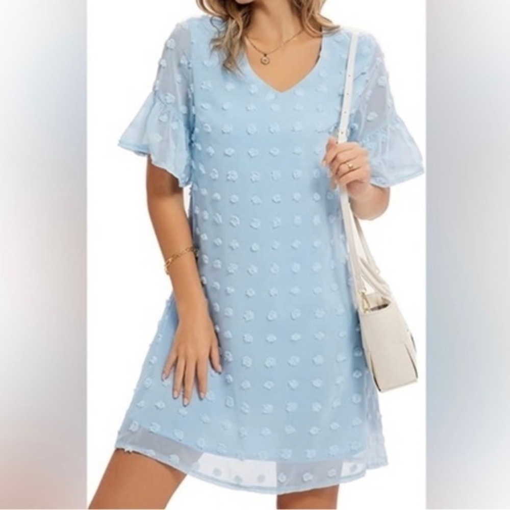 Summer Short Sleeve V Neck Mini Dress Chiffon Swiss Dot Flowy Dress - Blue - XL